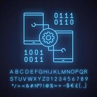 Smartphone settings neon light icon. App development. Phones with cogwheel and binary code. Glowing sign with alphabet, numbers and symbols. Vector isolated illustration