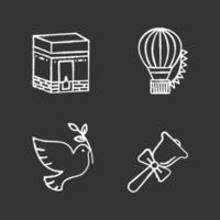 Holidays chalk icons set. Knowledge Day, Hajj, Festival of Balloons, Earth Day. Isolated vector chalkboard illustrations