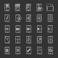 conjunto de iconos de tiza de teléfono inteligente. conexión a internet, transferencia de datos, aplicaciones, comunicación. Ilustraciones de vector pizarra