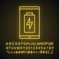 Smartphone battery charging neon light icon. Charge completed . Mobile phone battery level indicator. Glowing sign with alphabet, numbers and symbols. Vector isolated illustration