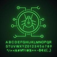 Digital virus neon light icon. Cyber attack. Cyber security. Glowing sign with alphabet, numbers and symbols. Vector isolated illustration