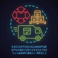 Logistics and distribution neon light concept icon. Delivery service idea. Shipment. Products transportation. Glowing sign with alphabet, numbers and symbols. Vector isolated illustration