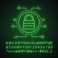 Lock neon light icon. Digital access. Closed padlock in microchip pathways. Cyber security. Glowing sign with alphabet, numbers and symbols. Vector isolated illustration