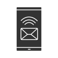 Smartphone incoming message glyph icon. SMS. Mobile phone display with envelope. Silhouette symbol. Negative space. Vector isolated illustration