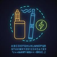 E-cigarettes neon light concept icon. Alternative smoking idea. Vape pen and box mod. Glowing sign with alphabet, numbers and symbols. Vector isolated illustration