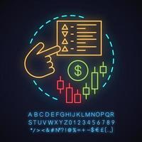 Trading neon light concept icon. Market access idea. Internet business. Glowing sign with alphabet, numbers and symbols. Vector isolated illustration