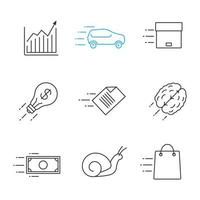 Motion linear icons set. Speed. Chart, snail, car, flying parcel, file, dollar, brain, idea, fast shopping. Thin line contour symbols. Isolated vector outline illustrations