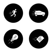 Motion glyph icons set. Speed. Running man, car, flying light bulb and file. Vector white silhouettes illustrations in black circles