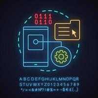 App development neon light concept icon. Digital technology idea. File manager. Smartphone settings. Glowing sign with alphabet, numbers and symbols. Vector isolated illustration