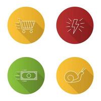 Motion flat linear long shadow icons set. Speed. Lightning bolt, snail, flying paper dollar and shopping cart. Vector outline illustration