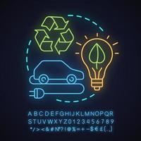 Green technology neon light concept icon. Eco friendly transport and alternative energy idea. Environment protection. Glowing sign with alphabet, numbers and symbols. Vector isolated illustration