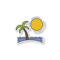 Island patch. Color sticker. Seashore. Beach with palm tee, waves and sun. Vector isolated illustration