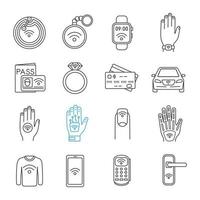 NFC technology linear icons set. Near field communication. RFID and nfc tag, sticker, phone, trinket, ring, implant. Thin line contour symbols. Isolated vector outline illustrations. Editable stroke