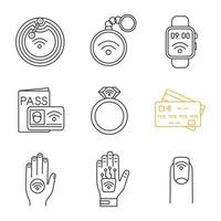 NFC technology linear icons set. Near field chip, trinket, smartwatch, identification system, ring, credit card, sticker, hand implant, manicure. Isolated vector outline illustrations. Editable stroke