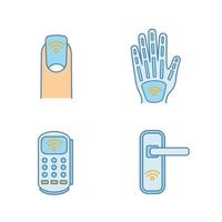 NFC technology color icons set. Near field manicure, hand implant, POS terminal, door lock. Isolated vector illustrations