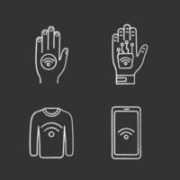 NFC technology chalk icons set. Near field hand sticker, implant, clothes, smartphone. Isolated vector chalkboard illustrations