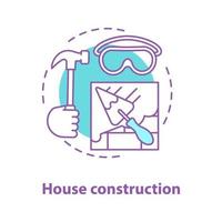 House construction concept icon. Building process idea thin line illustration. Brick wall with triangular shovel and safety glasses, hammer in hand. Vector isolated outline drawing