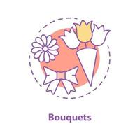 Bouquets concept icon. Flowers. Holiday present idea thin line illustration. Camomile, bow, bunch of tulips. Vector isolated outline drawing