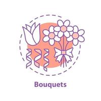 Bouquets concept icon. Flowers. Holiday present idea thin line illustration. Rose, confetti, bunch of camomiles. Vector isolated outline drawing