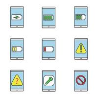 Smartphone color icons set. Low and high smartphone battery charge, error, FAQ, settings, no signal. Isolated vector illustrations