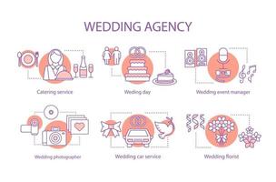Wedding agency concept icons set. Catering, photography, car, flower delivery services idea thin line illustrations. Vector isolated outline drawings
