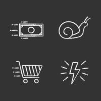Motion chalk icons set. Speed. Lightning bolt, snail, flying paper dollar and shopping cart. Isolated vector chalkboard illustrations