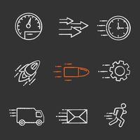 Motion chalk icons set. Speed. Flying clock, startup, bullet, cogwheel, van, mailing, running man, speedometer, arrows. Isolated vector chalkboard illustrations