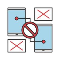 Smartphones with forbidden sign color icon. No signal or connection. Synchronization problem. Isolated vector illustration