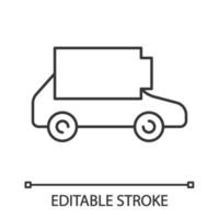 Discharged electric car linear icon. Eco automobile low battery. Thin line illustration. Empty auto battery level indicator. Contour symbol. Vector isolated outline drawing. Editable stroke