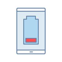 Smartphone low battery color icon. Discharged mobile phone. Battery level indicator. Isolated vector illustration