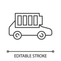 Fully charged electric car battery linear icon. Auto charge completed. Thin line illustration. Eco friendly automobile battery level indicator. Vector isolated outline drawing. Editable stroke