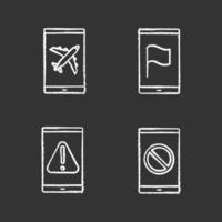 Smartphone apps chalk icons set. Flight mode, GPS navigator, error, no signal sign. Isolated vector chalkboard illustrations
