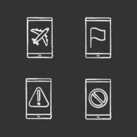 Smartphone apps chalk icons set. Flight mode, GPS navigator, error, no signal sign. Isolated vector chalkboard illustrations