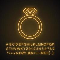 NFC ring neon light icon. Near field communication. RFID transponder. Smart ring. Contactless technology. Glowing sign with alphabet, numbers and symbols. Vector isolated illustration