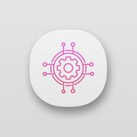 Digital settings app icon. Technological progress and innovation. UI UX user interface. Gear. Machine learning. Cogwheel in chipset pathways. Web or mobile application. Vector isolated illustration