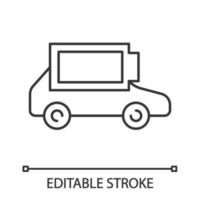 Fully charged electric car battery linear icon. Auto charge completed. Thin line illustration. Eco friendly automobile battery level indicator. Vector isolated outline drawing. Editable stroke