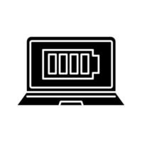 Fully charged laptop battery glyph icon. Computer charge completed. Notebook battery level indicator. Silhouette symbol. Negative space. Vector isolated illustration