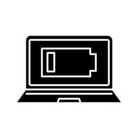 Discharged laptop glyph icon. Computer low battery. Notebook battery level indicator. Silhouette symbol. Negative space. Vector isolated illustration