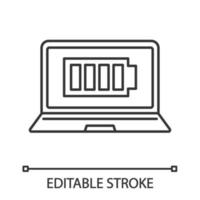 Fully charged laptop battery linear icon. Computer charge completed. Thin line illustration. Notebook battery level indicator. Contour symbol. Vector isolated outline drawing