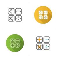 Maths symbols icon. Calculating. Elementary mathematics. Plus, minus, multiply, divide. Flat design, linear and color styles. Isolated vector illustrations