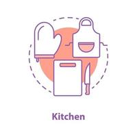 Cooking accessories concept icon. Kitchen equipment idea thin line illustration. Apron, oven mitt and cutting board with knife. Vector isolated outline drawing