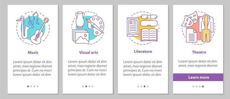 Types of art onboarding mobile app page screen with linear concepts. Music, visual arts, theater, literature steps graphic instructions. UX, UI, GUI vector template with illustrations