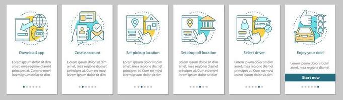 Carpooling onboarding mobile app page screen with linear concepts. Ride sharing service graphic instructions. UX, UI, GUI vector template with illustrations