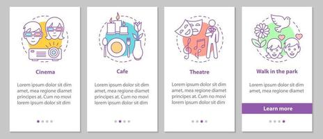 pantalla de la página de la aplicación móvil de incorporación de la primera fecha con conceptos lineales. cine, teatro, cafe, parque a pie pasos instrucciones gráficas. ux, ui, plantilla de vector de interfaz gráfica de usuario con ilustraciones