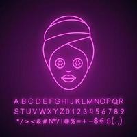 Spa procedure neon light icon. Woman with cucumber facial mask. Glowing sign with alphabet, numbers and symbols. Vector isolated illustration