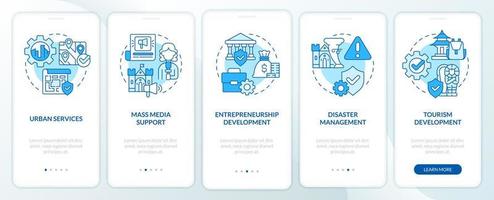 Developmental activities blue onboarding mobile app screen. Heritage walkthrough 5 steps graphic instructions pages with linear concepts. UI, UX, GUI template. vector