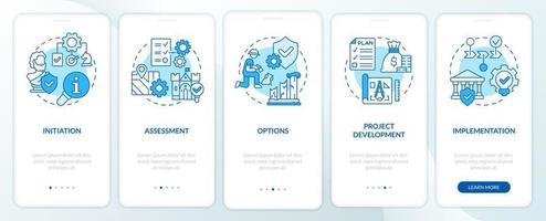 proceso de conservación del patrimonio pantalla de aplicación móvil de incorporación azul. tutorial 5 pasos páginas de instrucciones gráficas con conceptos lineales. interfaz de usuario, ux, plantilla de interfaz gráfica de usuario. vector