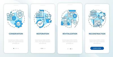 Cultural heritage preservation types blue onboarding mobile app screen. Walkthrough 4 steps graphic instructions pages with linear concepts. UI, UX, GUI template. vector