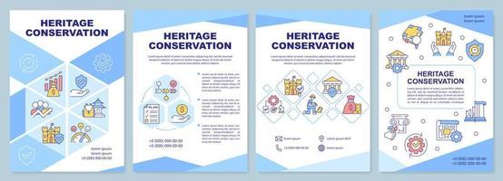 Heritage conservation blue brochure template. Landmark restoration. Leaflet design with linear icons. 4 vector layouts for presentation, annual reports.