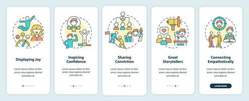 Charismatic people characteristics onboarding mobile app screen. Walkthrough 5 steps graphic instructions pages with linear concepts. UI, UX, GUI template. vector